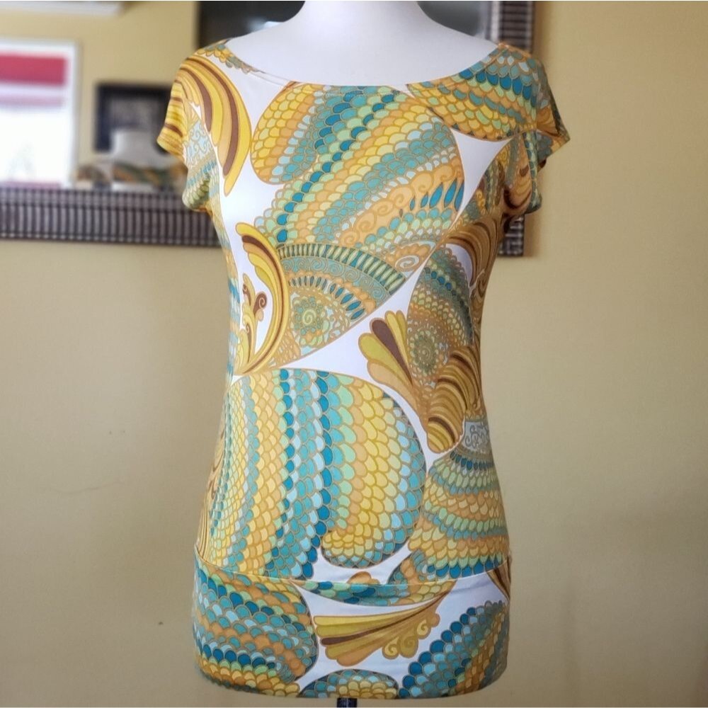 Trina Turk Paisley Silk Cap Sleeve Blouse Tunic Top Green Brown White Size Small